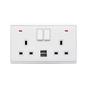 LONDON DOUBLE SOCKET 2P BUTTON SWITCH NEON+USB WH