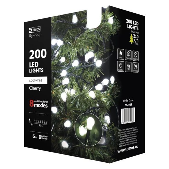 KARÁCSONYI FÉNYF CHERRY MULTIF 20M 200LED IP44 HIDEG FEHÉR ZY2028